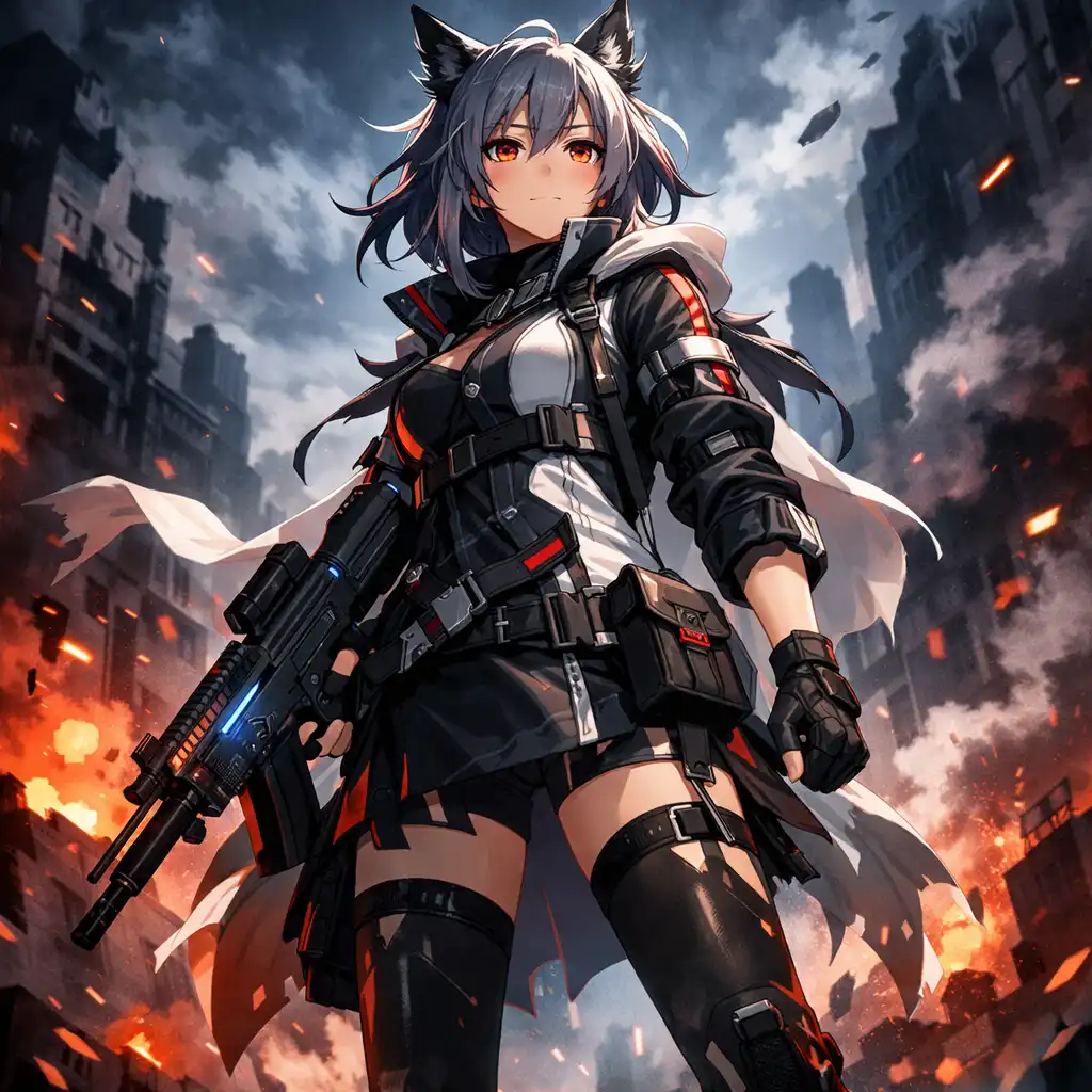 Egy dinamikus anime stílusú Arknights Operátor futurisztikus harci öltözékben, romos városi háttér előtt.