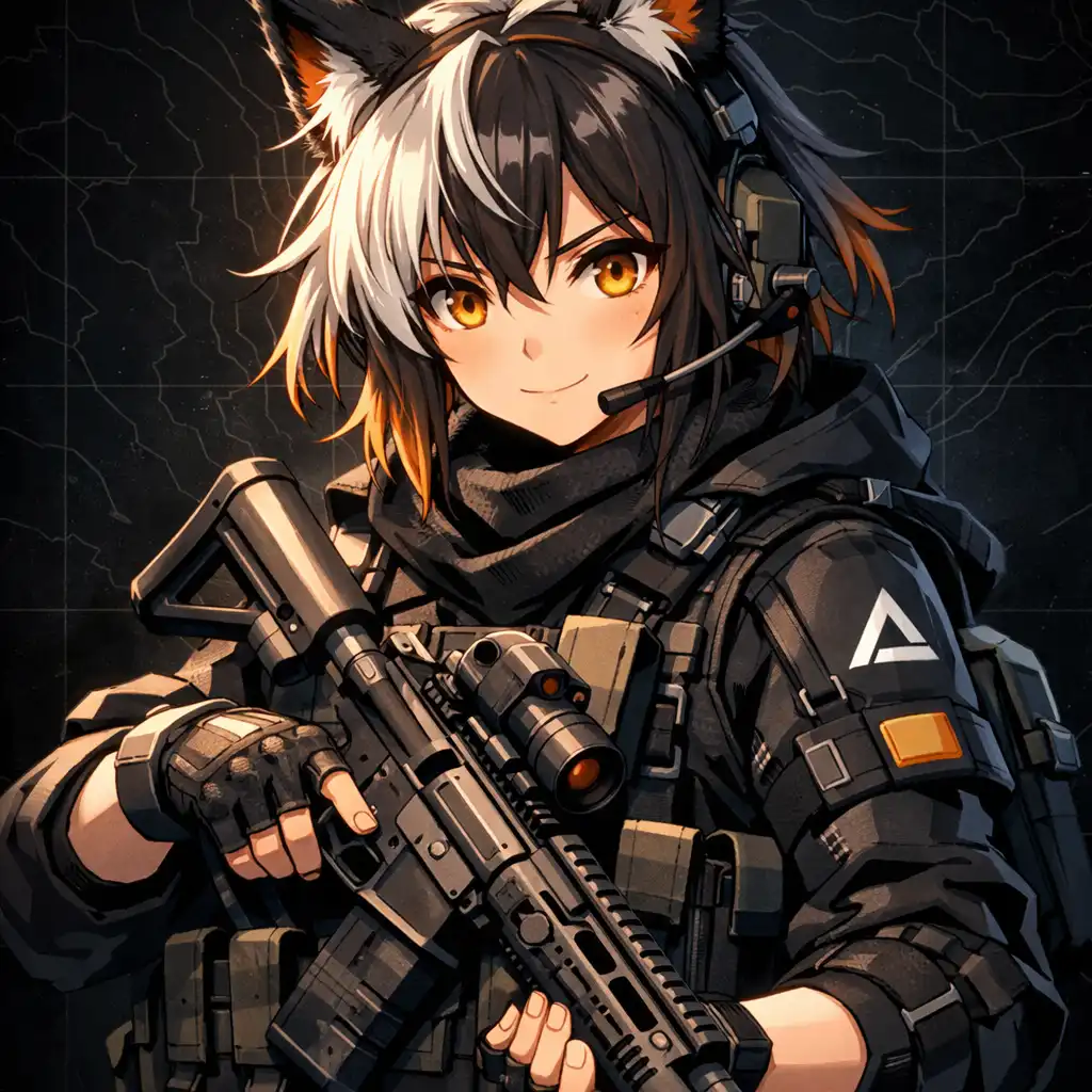 Arknights Operátor portré taktikai felszerelésben, anime stílusban, sötét háttérrel
