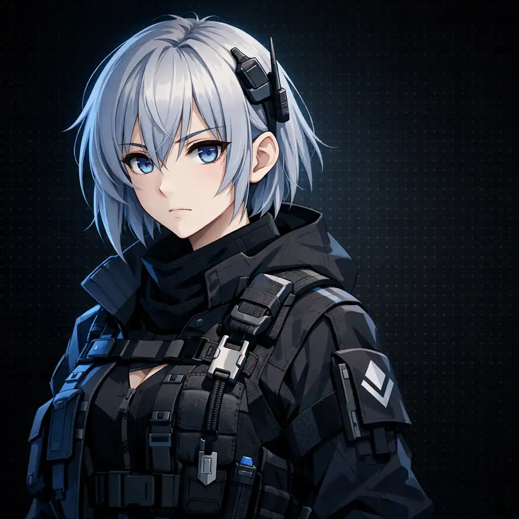 Arknights operátor portré, ezüst hajú nő kék szemekkel