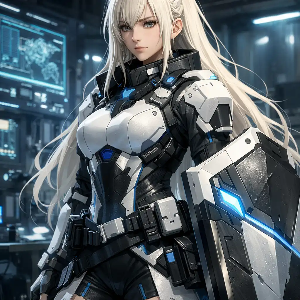 Saria, az Arknights 6 csillagos Defender Operátora, szőke nő páncélozott fehér-kék öltözetben pajzzsal